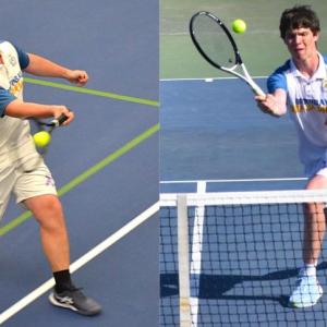 2026 BRHS boys tennis co-captains Griffin Yereance, left, and Harry Hinckley, in action in 2025. File photos