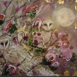 Rachel Robbins - "Flower Moon" - acrylic, ink, gold leaf.