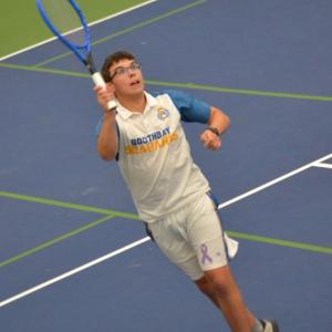Elijah Smith gets to the ball against Madison in his no. 2 double match. KEVIN BURNHAM/Boothbay Register