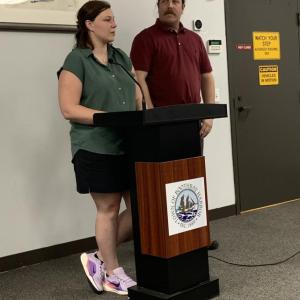 Emily Huber (left) and John Oaks of Lincoln County Emergency Management Agency present the updated hazard mitigation plan to Boothbay Harbor selectmen May 26. ISABELLE CURTIS/Boothbay Register