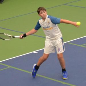 Avery Fowlie, playing first doubles, gets a good luck for a return. KEVIN BURNHAM/Boothbay Register