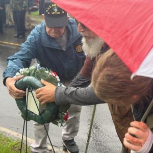 Arthur Richards and Al Cohen place a wreath at the East Boothbay ceremony. BILL PEARSON/Boothbay Register
