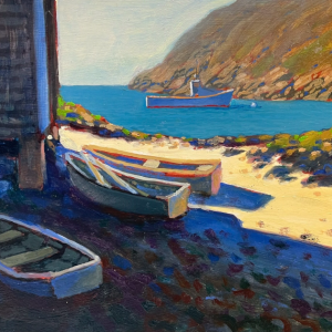 Tom Glover: "Dory Line Monhegan" - oil on canvas at  Kerr +Jones Gallery, East Boothbay. Courtesy of the gallery
