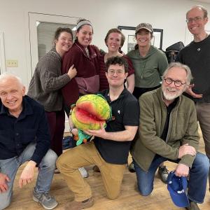The LCCT cast of "Little Shop of Horrors, from back, left: Kelly Caufield, Eliana Goldberg, Emily Sue Barker, Molly Frantzen, Derek Kingsley. Front, from left: Andy Barber, Niall Lessard, and Ron Capps. Courtesy of the venue