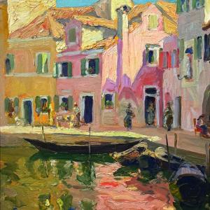 Luigi Moretti (Italian, 1884-1950), "Burano," 1924, oil on board, 18" x 15". Courtesy of Wiscasset Bay Gallery