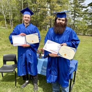 Larsson Lugg, left, of Palermo, and David Shaw, of Westport Island earned their high school equivalency diplomas at the Wiscasset office of Boothbay-Wiscasset Regional Adult Education. Courtesy photo