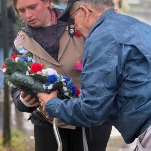 Addie Barter and Arthur Richardson place a wreath at the Boothbay ceremony. BILL PEARSON/Boothbay Register