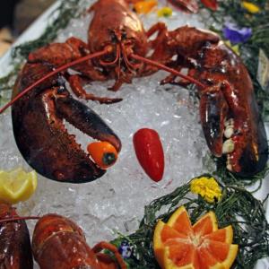 This 10-pound lobster helped decorate a table. STEVE EDWARDS/Boothbay Register