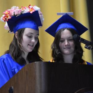 Cameron Payson, left, and Rose Campbell present the class statistics. KEVIN BURNHAM/Boothbay Registe