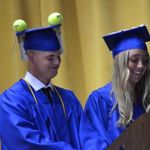 Griffin Yereance, left, and Tatum French present the class history. KEVIN BURNHAM/Boothbay Register