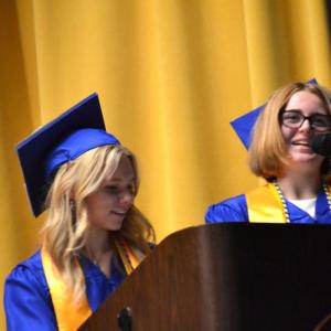 Madeleine Andreasen, left, and Hannah Kreft as the class optimist and class pessimist, respectively, make their points known. KEVIN BURNHAM/Boothbay Register