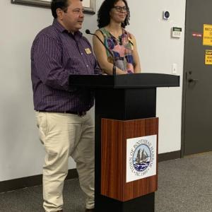 Alex Zipparo of Lincoln County Regional Planning Commission introduces Economic Recovery Corps Fellow Elyse Oliver at June 8 Boothbay Harbor selectmen's meeting. ISABELLE CURTIS/Boothbay Register