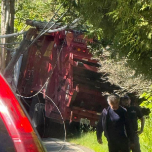 The dump truck that hit the utility pole on Route 96 on June 19. Facebook photo by Chrissa Marie