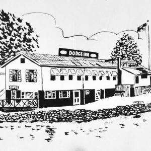 A sketch of the Dodge Inn draw by Wiscasset artist Schuyler Fairfield that appeared on the restaurant's placemat and quite similar to a picture post card of the business.