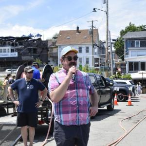 Michael Maxim emcees the WJD Tug of War Across the Harbor June 27. LISA KRISTOFF/Boothbay Register