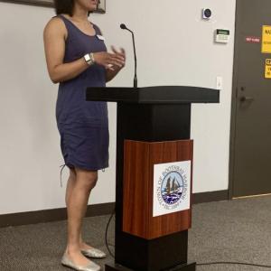 Economic Recovery Corps Fellow Elyse Oliver asks the board to make a decision July 13 on which development project they'd like her to pursue. ISABELLE CURTIS/Boothbay Register