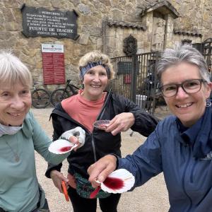 From left: Oma, Barbara, and Jen enjoying seashells of wine on one of the stops along the Camino de Santiago. Barbara Lloyd photo  
