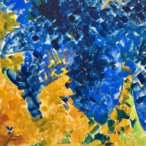 Lynne Mapp Drexler, Untitled, Abstract in Blues and Oranges, 1959, gouache on paper. Courtesy of Wiscasset Bay Gallery