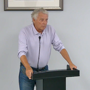 During a public forum at a July 13 Boothbay Harbor selectmen meeting, Joe Doyle alleged that Chair Mike Tomko had an inappropriate meeting with Boothbay Harbor Waterfront Preservation lawyer and Code Enforcement Officer. Courtesy of BRTV. 