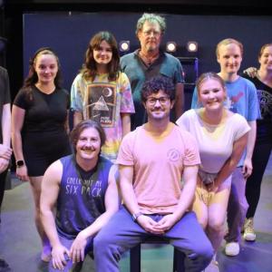 Under the guidance of Niall Lessard, nine cast members form the moving parts of "The Machine" in Heartwood Theater's "The Machine Stops" running July 17-25. Front, left: Roosevelt Bishop, Niall Lessard, Sophia Mansfield; back from left: Tristan Lambert, Rebecca Tomasello, Addison McCafferty, Tim Cunningham, Jay Long, Katelyn Prior, Natalie Friel. Courtesy of Heartwood