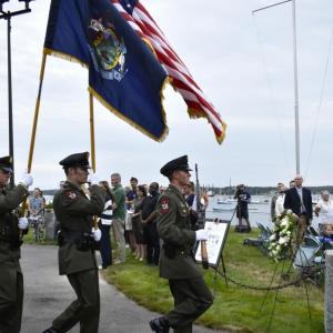Maine Marine Patrol Honor Guard completes a presentation of colors at the memorial.  ISABELLE CURTIS/Boothbay Register