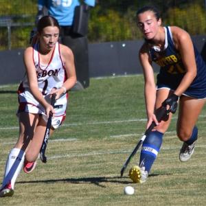 Zuri Smith and Lisbon's Makenna Schmoli look to track down the ball during the first half of their game at Perkins Field Sept. 23. Smith scored Boothbay's lone goal in the 2-1 loss to Lisbon. KEVIN BURNHAM/Boothbay Register