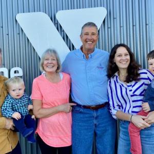 Pictured from left are Caleb Easton, Barrett Hodgdon, Cathy Hodgdon, Tim Hodgdon, Audrey Hodgdon, and Grant Hodgdon in front of the Y’s Harbor Montessori School at morning drop-off. Courtesy of Allyson Goodwin 