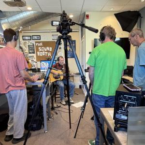 Did you think it was as easy as picking up a camera and shooting? Three cameras capture a stationary wide shot, a close-up, and tracking footage. Pictured: Boothbay Region High School senior Cole Hyson, BRTV Station Manager Lang Sheppard, and Robert Jordon. 