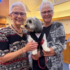 Margaret "Mugsy" Schwab, left, and Katie Ryan, with their dog, Birdie. Courtesy photo
