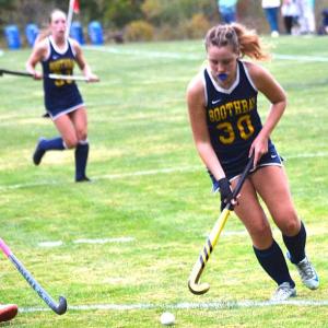 Seahawk sophomore Olivia Hardwick gains control of the ball in the second half of the Sept. 30 game at home against Winthrop. KEVIN BURNHAM/Boothbay Register