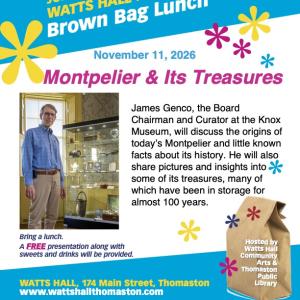 A colorful poster featuring a picture of James Genco, curator of the Knox Museum. There is text that gives details of the event, which is transcribed in the body of this post.