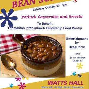 A colorful poster with a picture of a crock of beans and information about the bean supper event. This information is transcribed in the article.