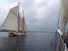 The Heritage sails towards ominous clouds over Boothbay Harbor. RYAN LEIGHTON/Boothbay Register