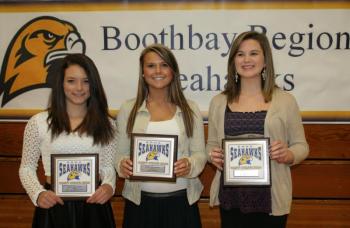 Field hockey plaque winners, from left, Tori Schmid, Most Valuable; Brooke Alley, Coaches Award; and Erica Eames, Most Improved. KEVIN BURNHAM/Boothbay Register