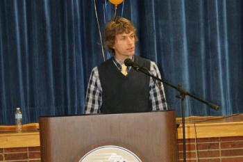 Cross-country Coach Nick Scott gives his spotlight speech at Tuesday’s sports awards. KEVIN BURNHAM/Boothbay Register
